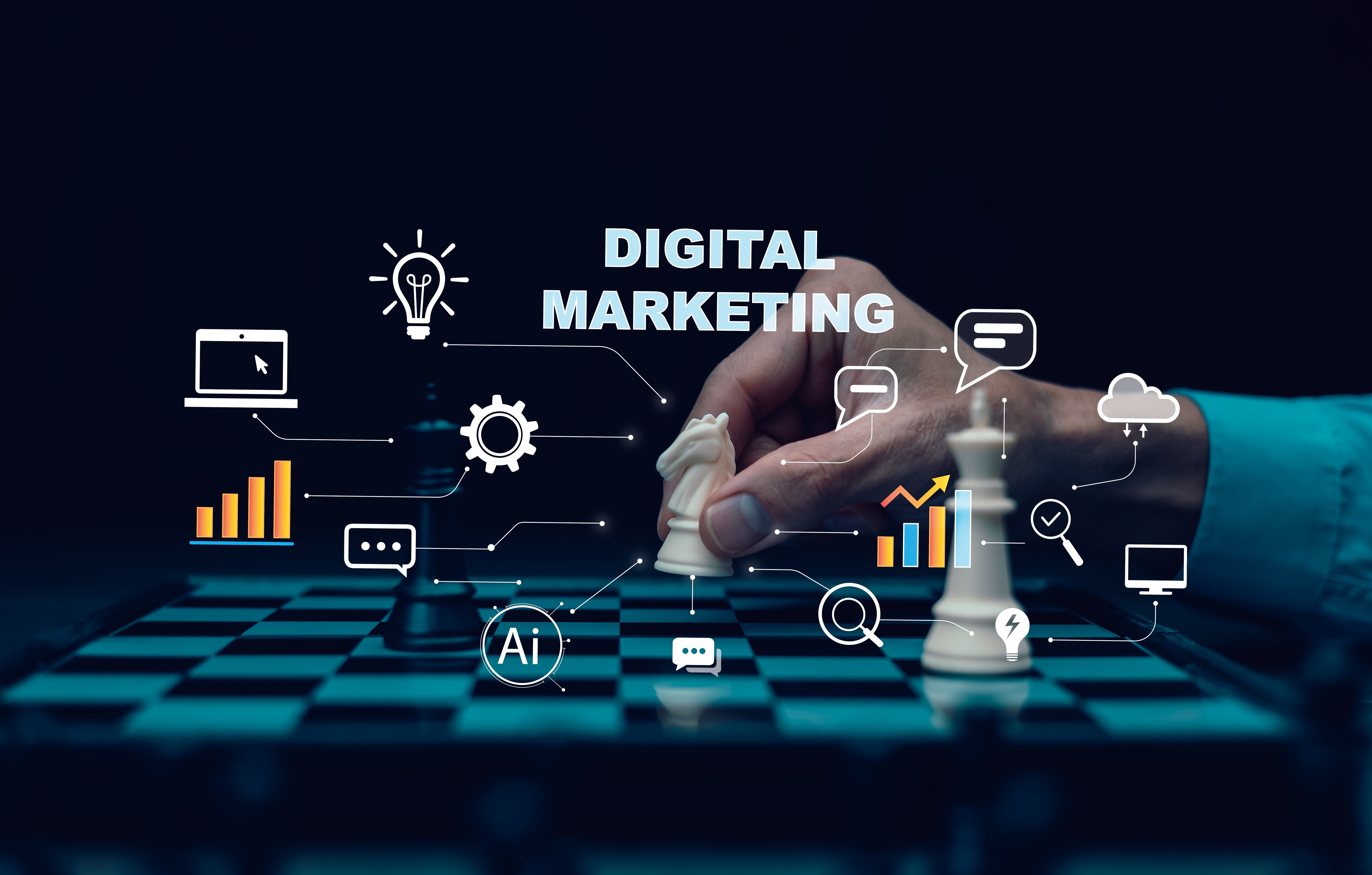 Digital marketing strategy concept featuring a hand moving chess pieces on a chessboard, surrounded by icons representing AI, analytics, search, communication, cloud technology, and business growth.