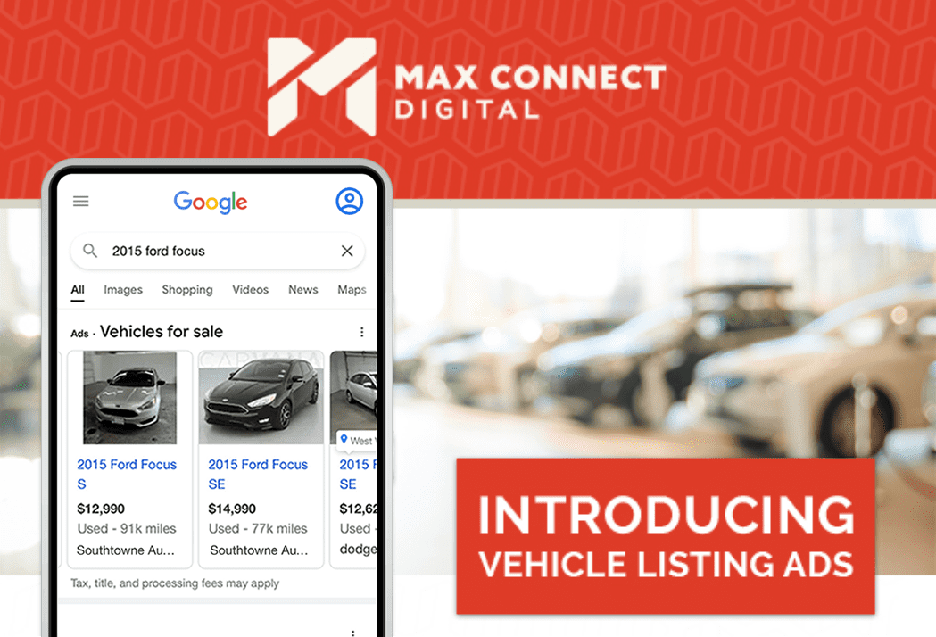 Introducing vehicle listing ads. image of phone showing vehicle ads on Google