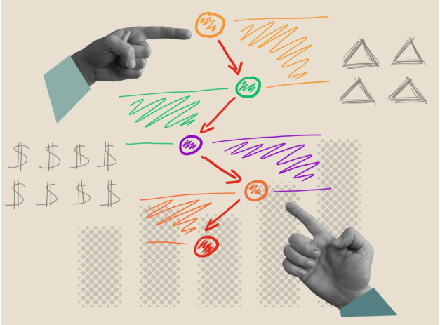 Illustration of a marketing funnel with audience segmentation, conversion paths, and revenue growth represented by connected diagrams and charts.